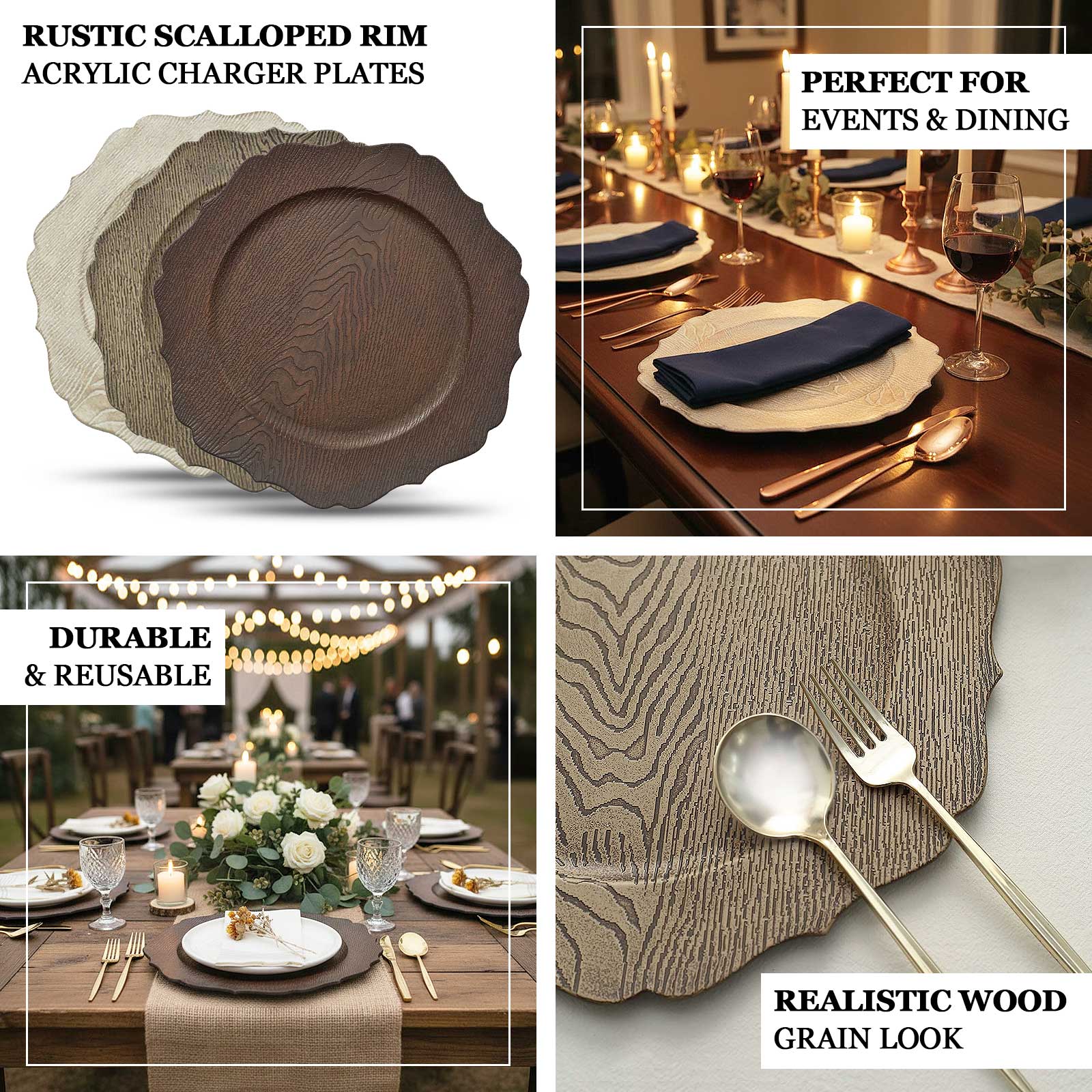 6-Pack Acrylic Charger Plates 13" Round Rustic Brown with Wood Grain Scalloped Rim - Dinner Charger Tableware - Image 4