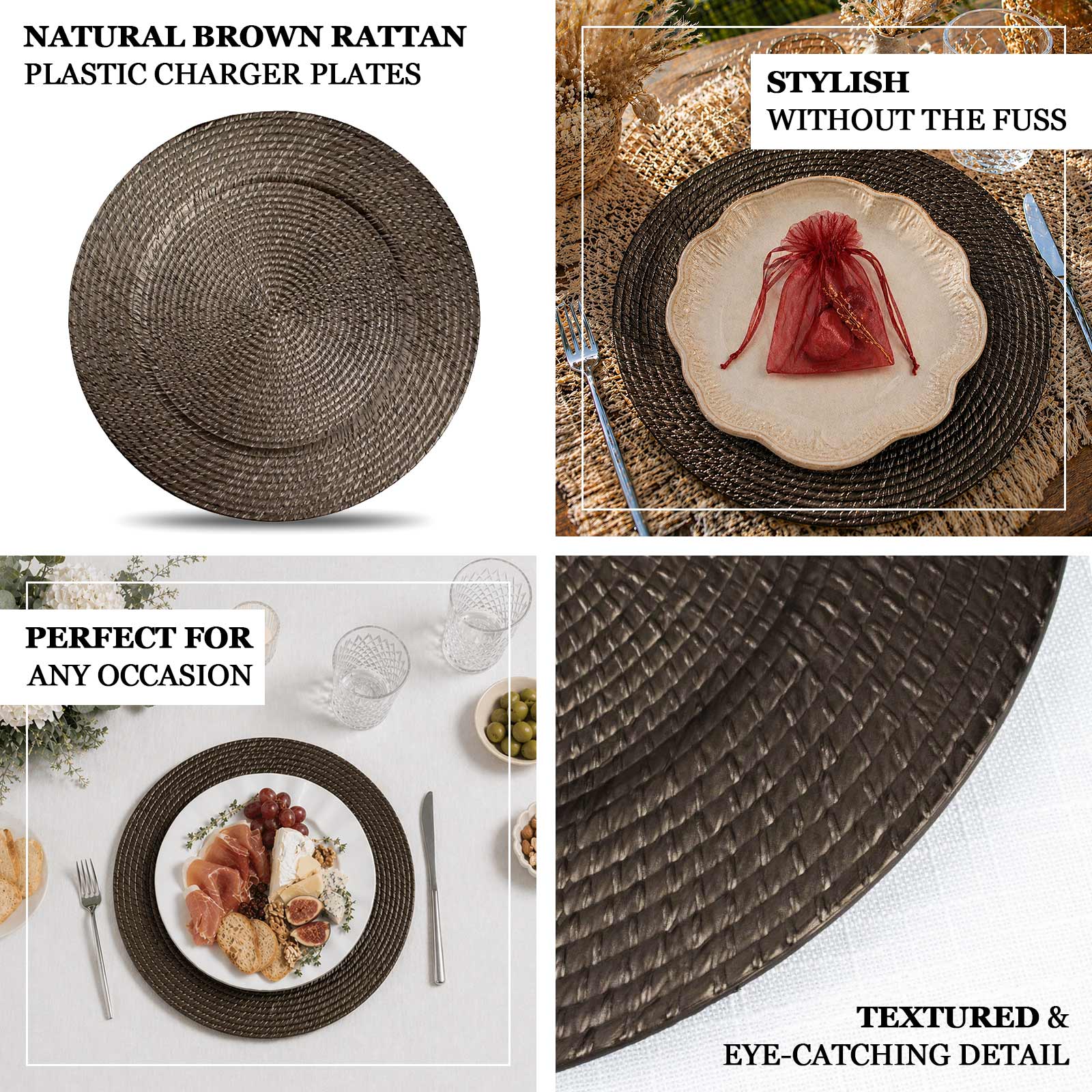 6-Pack Acrylic Charger Plates 13" Round Natural Brown with Rattan-Like Design - Farmhouse Disposable Plastic Charger Tableware - Image 4