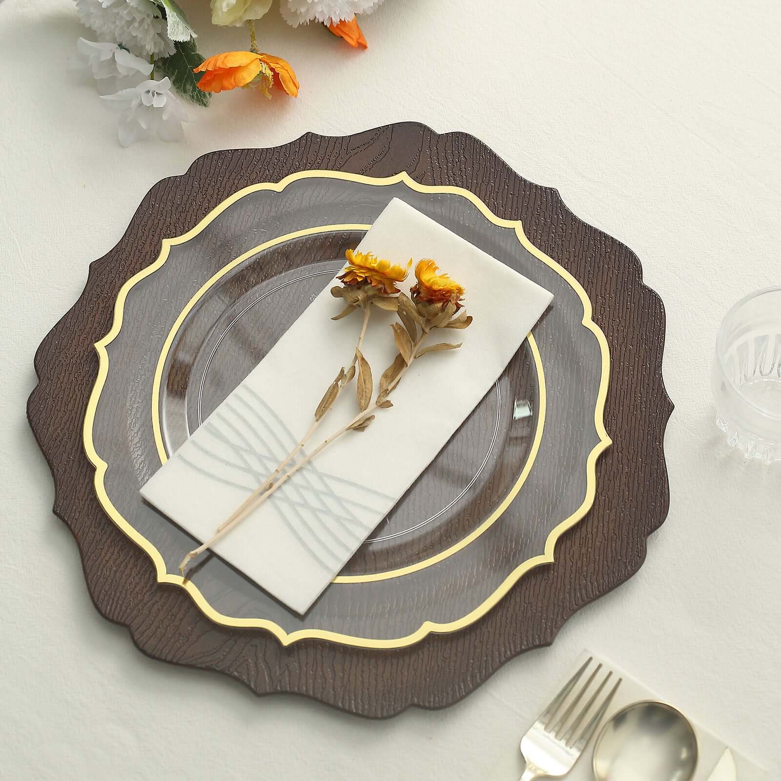 6-Pack Acrylic Charger Plates 13" Round Rustic Brown with Wood Grain Scalloped Rim - Dinner Charger Tableware - Image 7