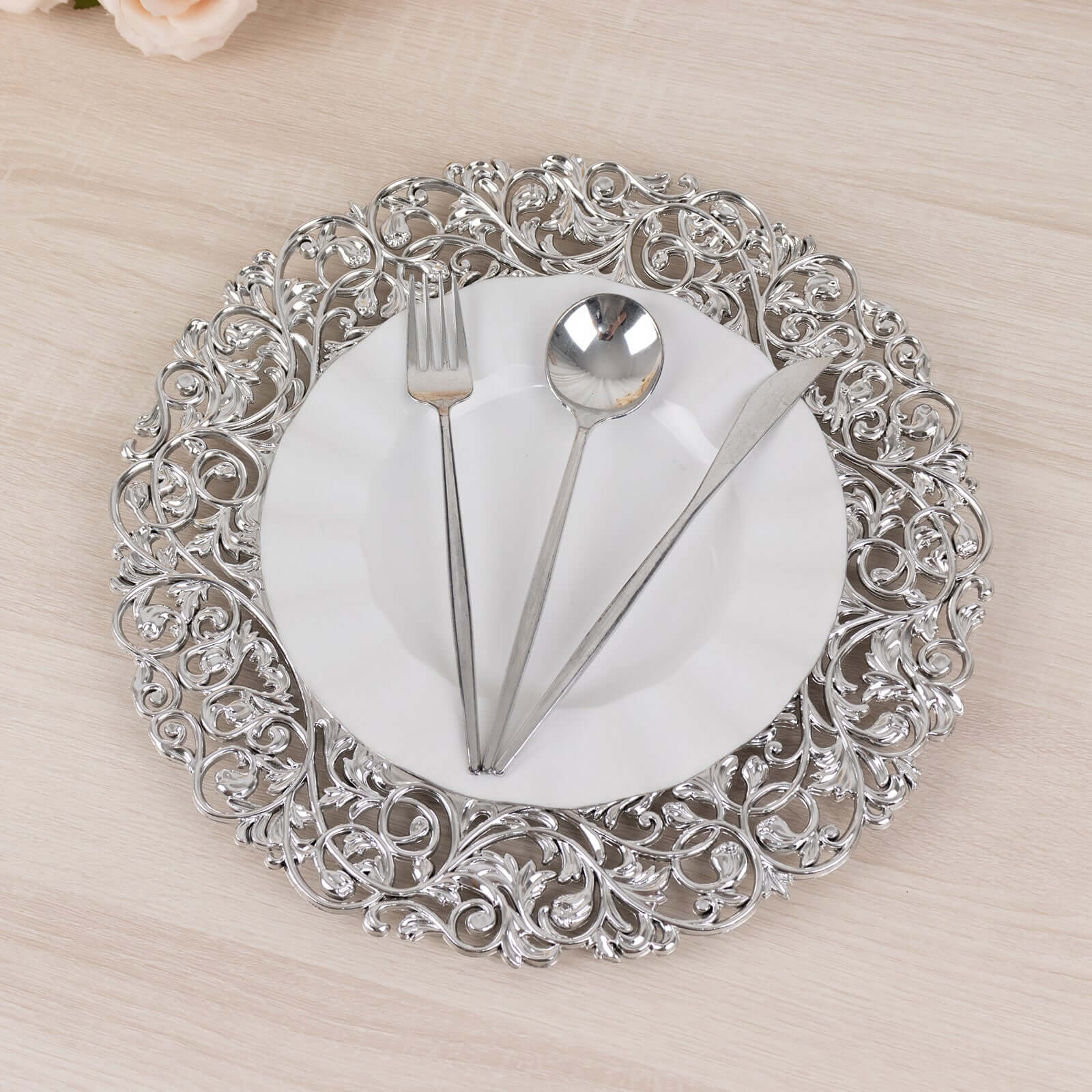 Alternative view of 6-Pack Acrylic Charger Plates 13" Round Silver with Vintage Floral Carved Rim - Event Tabletop Decorative Charger Tableware