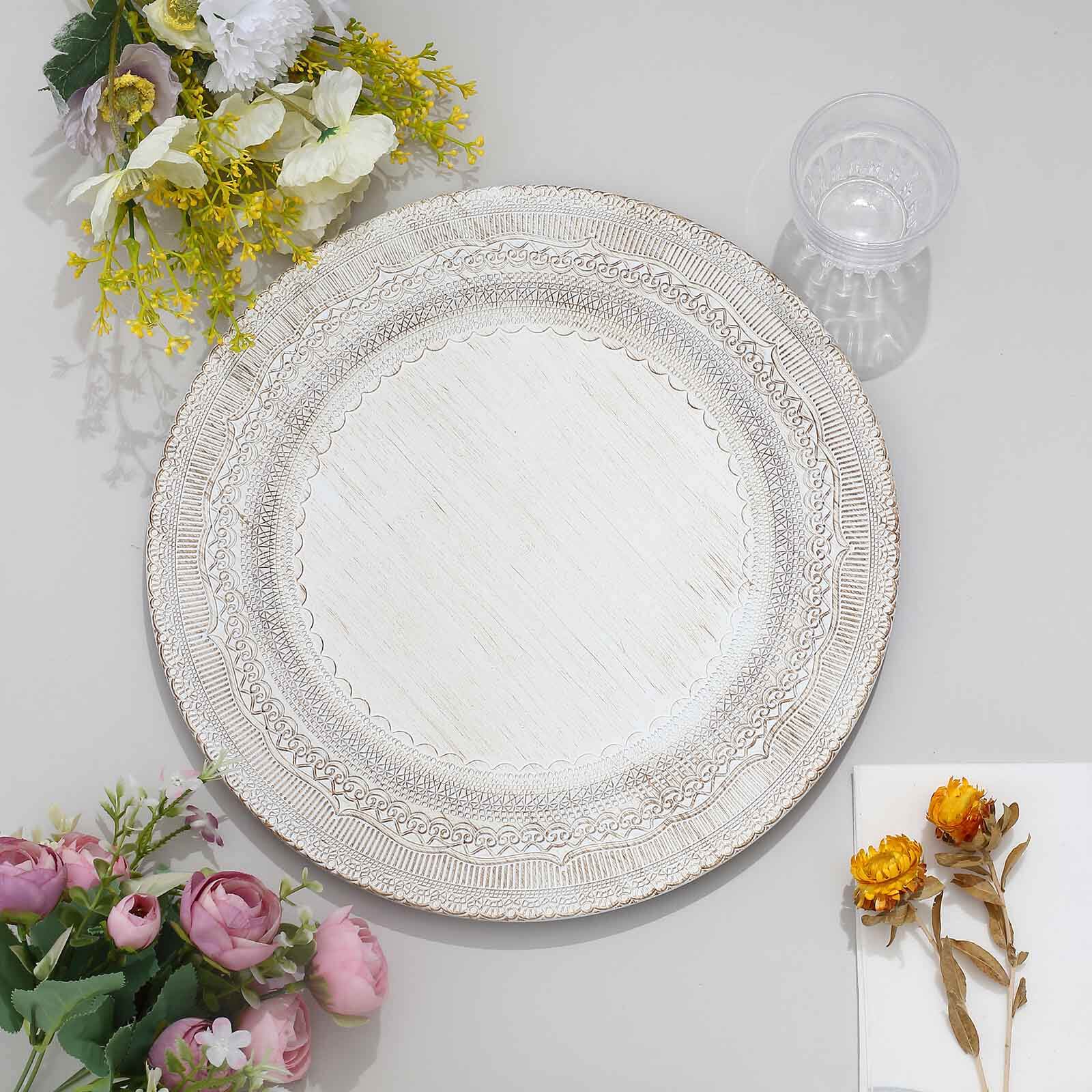 6-Pack Acrylic Charger Plates 13" Round White Lace Embossed Rim - Rustic Plastic Decorative Charger Tableware - Image 5