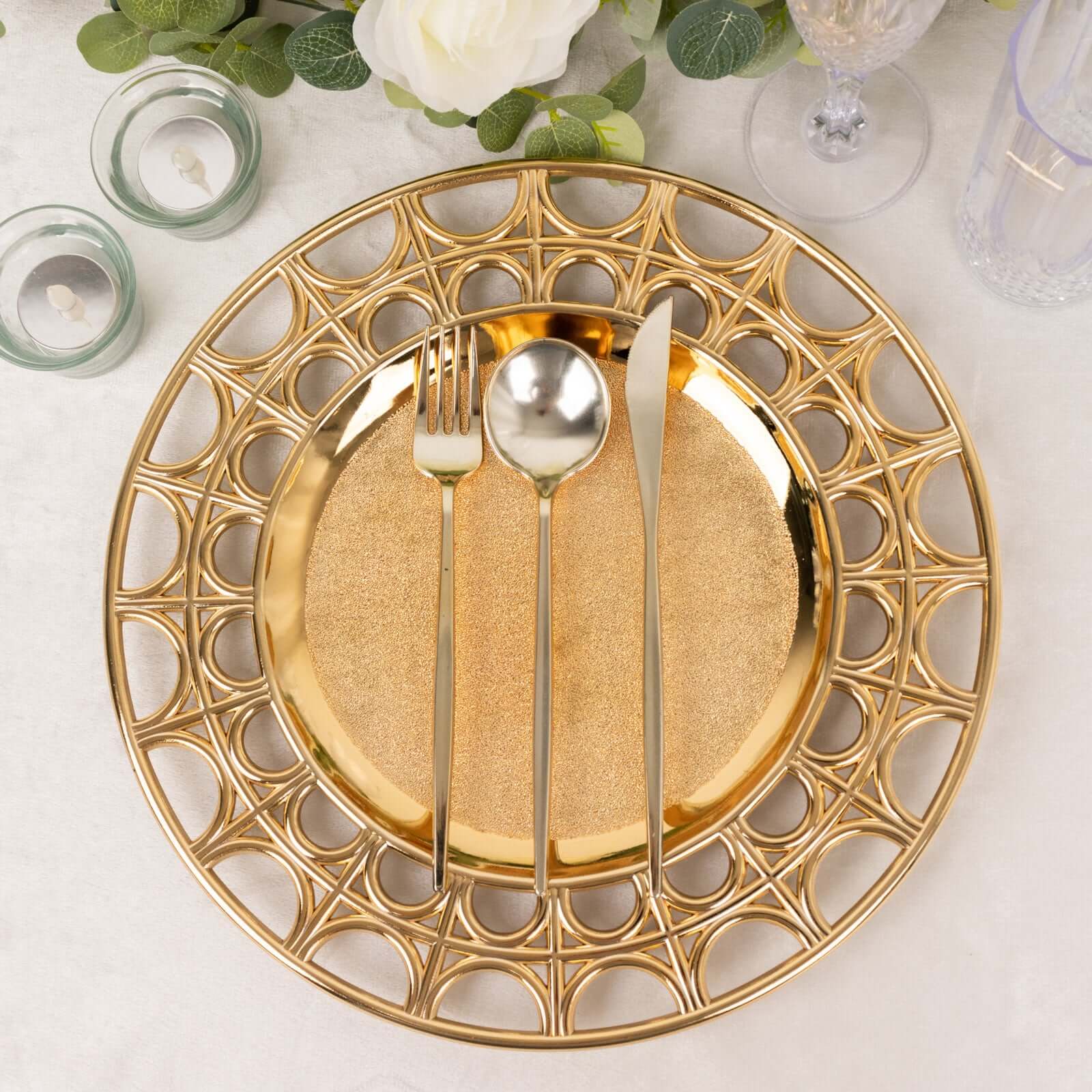 6-Pack Acrylic Charger Plates 13" Round Metallic Gold with Hollow Semi Circle Rim - Plastic Decorative Charger Tableware - Image 4