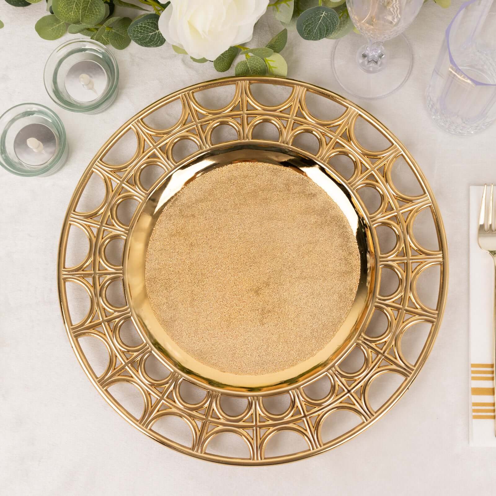 6-Pack Acrylic Charger Plates 13" Round Metallic Gold with Hollow Semi Circle Rim - Plastic Decorative Charger Tableware - Image 5