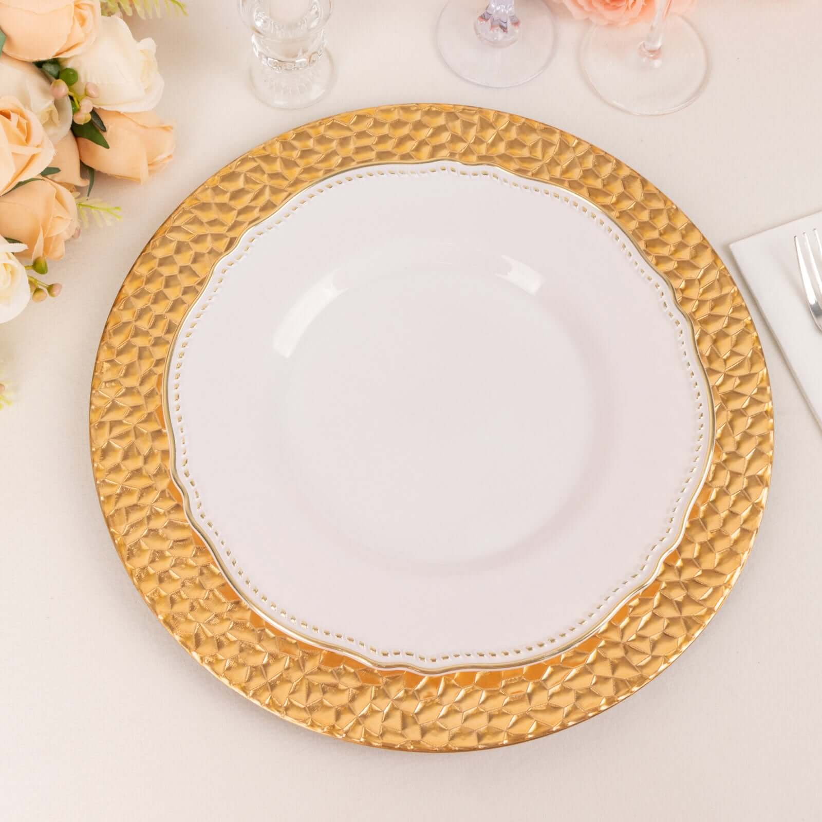 6-Pack Acrylic Charger Plates 13" Round Metallic Gold with Hammered Rim - Plastic Decorative Dinner Party Charger Tableware - Image 6